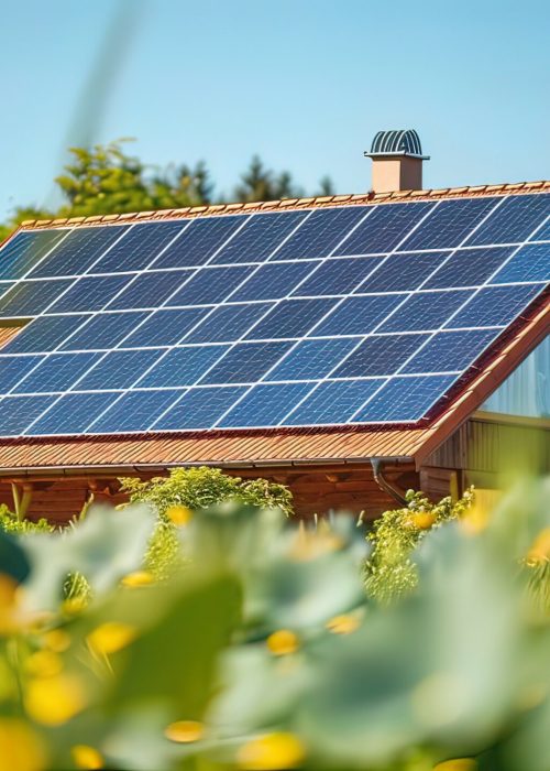 Solar panels installed on the roof of a house with flowers in the garden